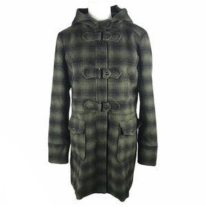 Steve Madden Green plaid wool pea coat, hood L